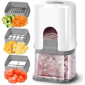 KEOUKE Multifunctional Vegetable Chopper White - 3 Interchangeable Blades Potato French Fry Cutter with Container & Storage Box Food Chopper Dicer for Cucumber, Tomato, Carrot, Onion (Cube)