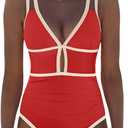 popvil Women One Piece Swimsuit 2026 Tummy Control Sexy Cutout Neon Color Block Bathing Suit Slimming Adjustable Swimwear Medium