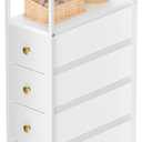 YILQQPER Narrow Dresser for Bedroom, Slim Dresser Storage Tower, Chest of 4 Fabric Drawers with Wood Shelf, Bathroom Organizers and Storage for Small Spaces, Laundry, Closet, White
