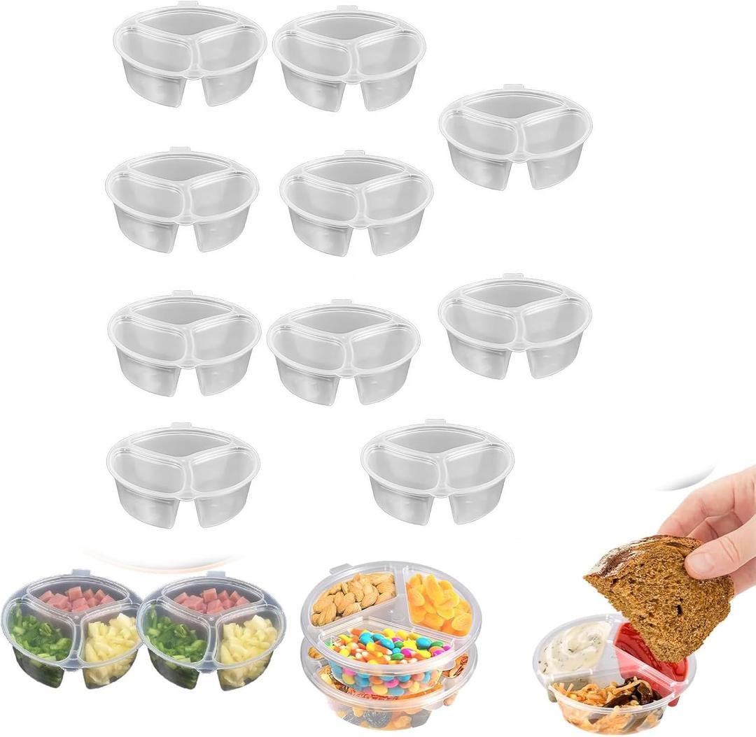 10 Pcs 3 Compartment Condiment Containers with Lids, Reusable Double Compartment Plastic Snack Containers, Grab and Go Snack Containers, for to-go Sauce, Travel Snack (10pcs)