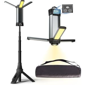 Rechargeable LED Work Light with Stand - Cordless Work Lights Kit 3 Page Head,500/1000/2000 Lumen 3500/6500K Dimmable 6AH Camping Light with Detachable Tripod,Hooks and Carrying Bag