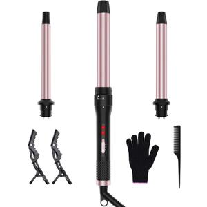 3 in 1 Curling Iron, Curling Wand Set with 3 Interchangable Ceramic Beach Waves Wands(0.75"-1.25"), Dual Voltage 30s Fast Heating with Heat Resistant Glove & 2 Clip for Long/Short All Hairstyle