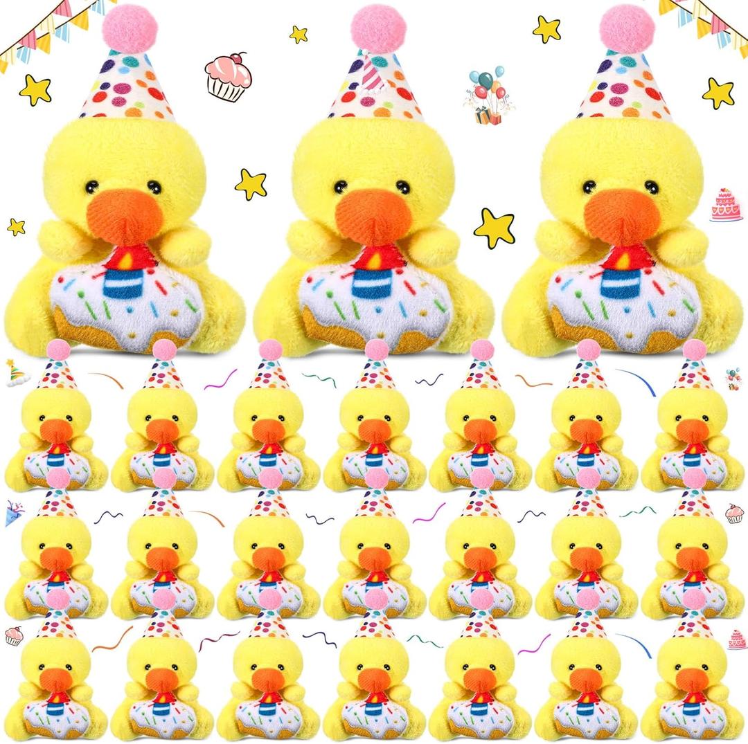 Gejoy 24 Pcs Birthday Mini Duck Stuffed Animal Tiny Birthday Duck Doll Small Soft Plush Keychain with Hat for Exchange Gifts Party Favors Bag Fillers Prizes Reward Gifts