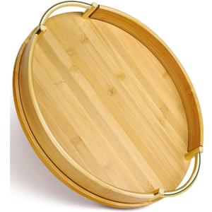 JUPELI 14 Round Bamboo Serving Tray with Handles  Decorative Tray, Breakfast Tray, Coffee Table Tray, Ottoman Tray, Kitchen Platter for Drinks, Snacks, Vanity, Home Decor & Gifts