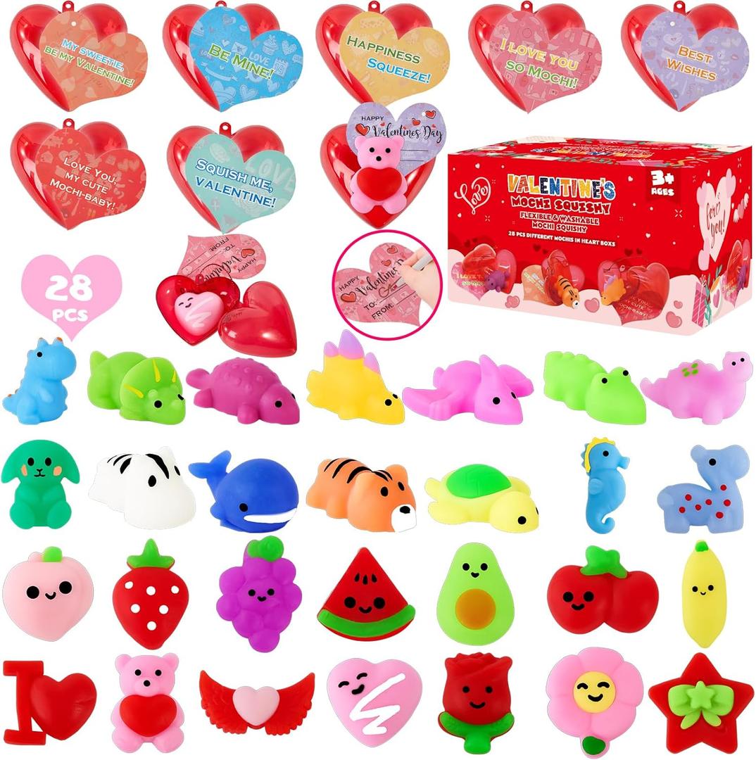 Budbof 28 Packs Valentines Day Gifts For Kids, Cute Mochi Squishy Toys and Valentines Cards with Hearts Box for School Boys Girls Exchange Gifts Classroom Prizes Valentine Party Favors