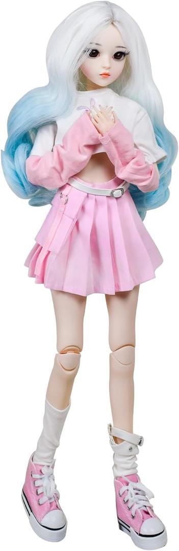 1/3 BJD Doll, 22 Movable Joints Full Set Doll with Long Curly White-Blue Gradient Hair, Pink Outfit & Shoes, Collectible Fashion Ball Jointed Doll for Girls Gift, 21.7 inches