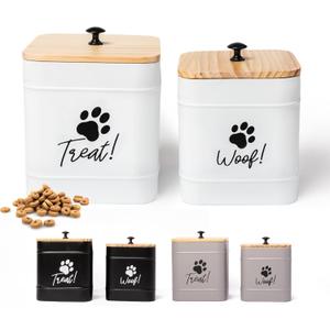 DD DEFINED DECO Dog Treat Container Set of 2, White Dog Treat Container, Dog Cookie Jar for Kitchen Counter, Metal Pet Treat Organizer, Small Dog Treat Canister Farmhouse Dog Food Storage