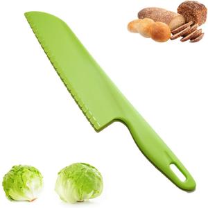 jawbush Professional Lettuce Knife, 11" Serrated Salad Cutter for Veggies, Fruit, Bread, Cake, Salad, Plastic Kitchen Nylon Knife for Cooking and Cutting to Prevent Turning Brown, Green
