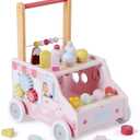 labebe Wooden Baby Walker, Push Activity Walker for Kids 12M+, Multifunctional Ice Cream Cart Activity, Adjustable Speed Learning Walking with Wheels, Birthday Gift for Girls Boys Ages 1-3 (Pink)