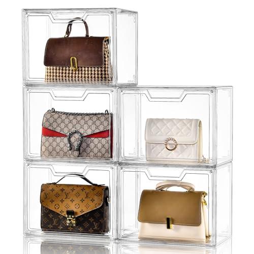 Purse Organizer for Closet,Clear Acrylic Display Case for Handbag Organizer, Purse Storage Box with Magnetic Door, Plastic Storage Bins for Book, Collectibles, Cosmetic (5 Pack)