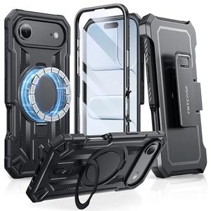 FNTCASE for iPhone Air Phone Case: with Kickstand [Built-in Screen Protector & Belt Clip] [Compatible with MagSafe] Military Grade Full Body Shockproof Rugged Magnetic Cell Phone Cases Black