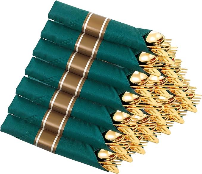 Supernal 120 Pack Gold Plastic Silverware with Green Napkins,Gold Silverware Disposable,Wrapped Plastic Cutlery Set with Napkin,Pre Rolled Silverware Set Disposable,Christmas Cutlery Suitable for 120 Guests (Green and Gold)
