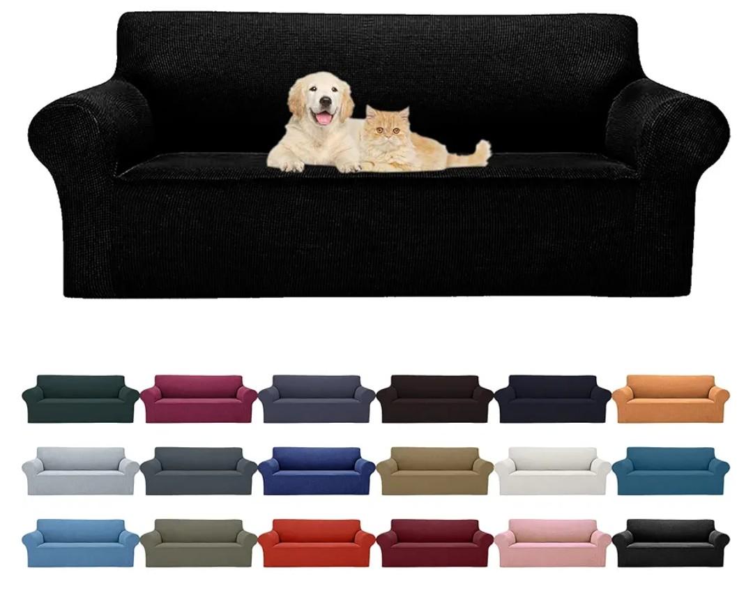 Cupuamon 2026 New Stretch Sofa Slipcovers Couch Cover for 3 Cushion Furniture Protector Sofa Covers with Elastic Bottom Jacquard Fabric Small Checks for Pets, Kids -Sofa, Black