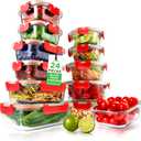 NutriChef 24 Piece Glass Food Storage Containers with Lids - Airtight Glass Meal Prep Containers, Bento Lunch Boxes, Hinged Lock Lid, For Meal Prep, Kitchen Storage, Freezer (12 Containers & 12 lids) (Red)