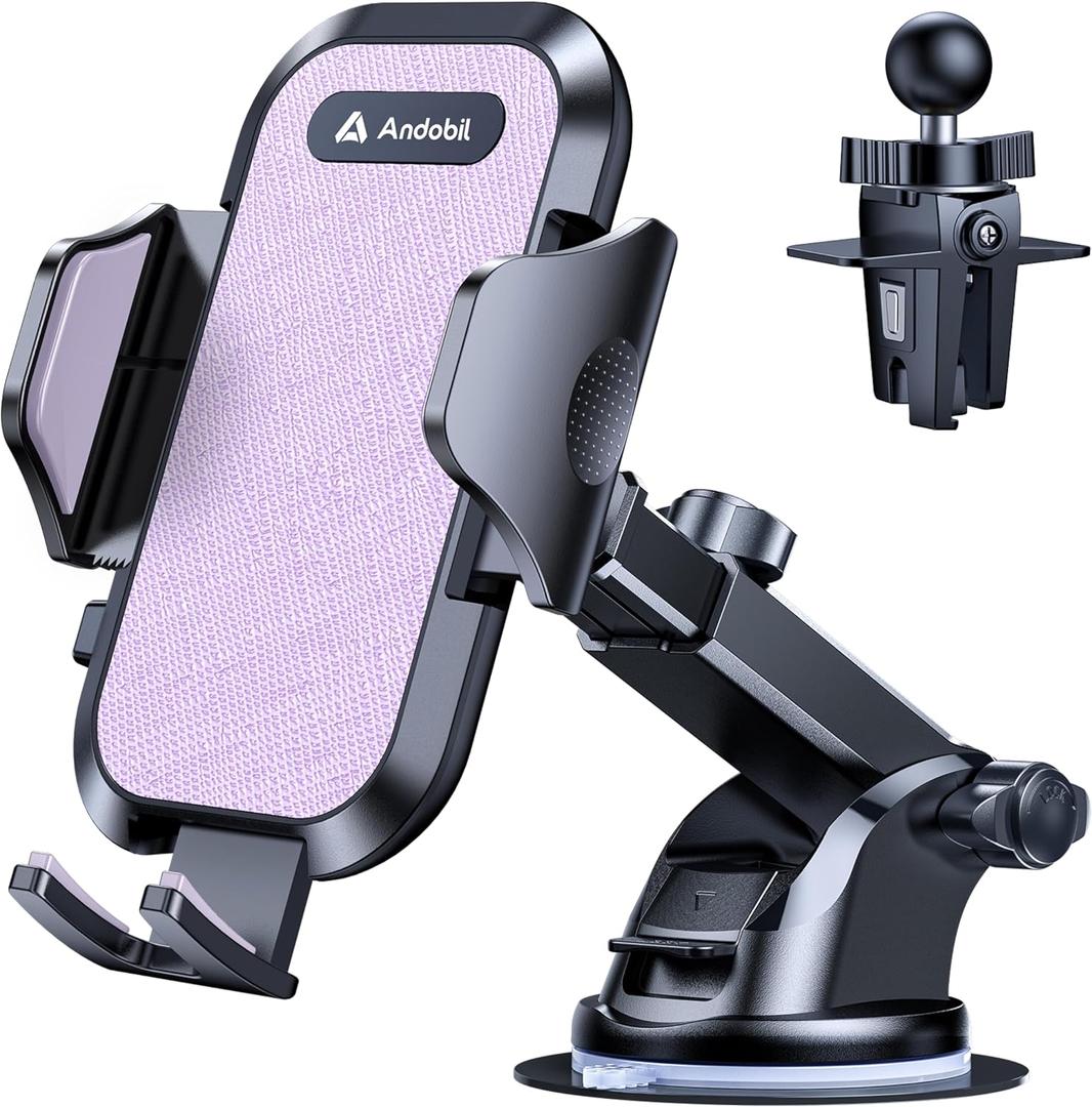 Andobil Car Phone Holder, 2026 Military-Grade 89bs Strongest Suction Phone Holders for Your Car Dashboard/Windshield/Vent Easy Clamp Cellphone Holder Truck Stand for iPhone 17 16 15 Pro Max, Purple