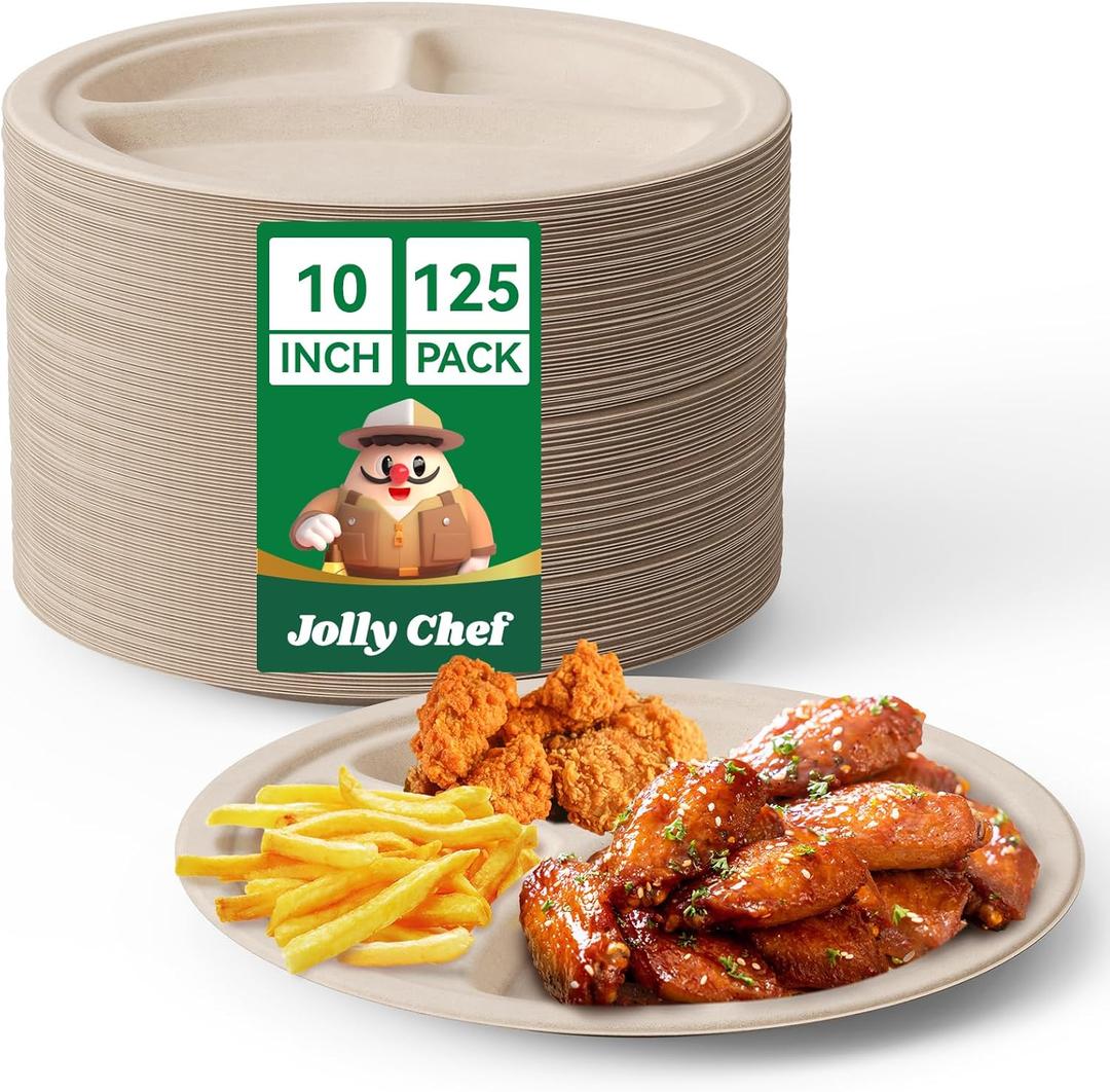 JOLLY CHEF Compostable  Compartment Paper Plates   [ ] Heavy Duty Divided Disposable Eco-Friendly Bagasse Biodegradable Round Trays for Party Dinner Lunch Christmas (Brown) (10in-125pack)
