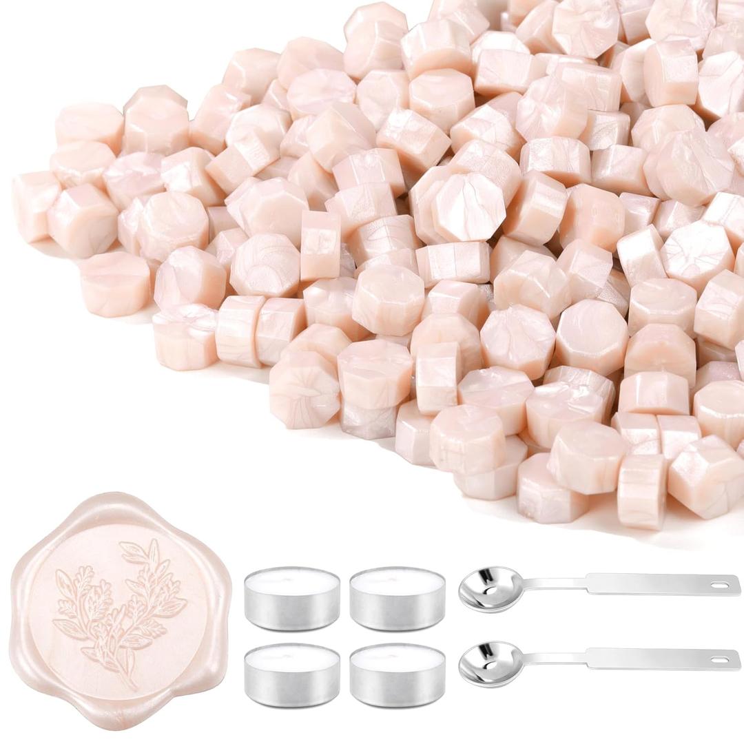 Yoption 360Pcs Champagne Sealing Wax Beads with 2 Spoons and 4 Tea Candles for Wax Seal Stamps, Cards, Wedding Invitations, Wine Packaging, Gift Wrap, Envelopes