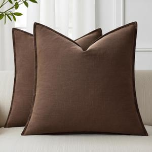 decorUhome Spring Decorative Linen Euro Sham Throw Pillow Covers 22x22 Inch Set of 2 Chocolate Pillow Covers with Flange Edges Soft Farmhouse Boho Accent Pillow Cases for Couch Bed Living Room (Brown)
