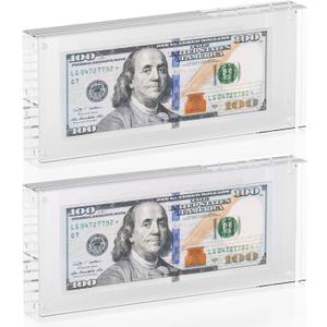 Dollar Bill Frame Display 2 Pack 7.8" x 3.9" Acrylic Dollar Bill Holder, Thick Magnetic Self-Standing Display Case for Currency, Tickets, Banknotes, and Stamps (2)