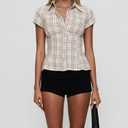 Women's Plaid Shirt Button-up Short Sleeve Collared Slim Fit Casual Summer Blouse Tops (L)