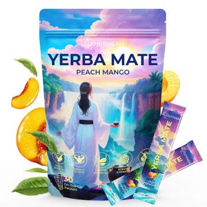 JUYIHEAL 30 Sticks Instant Yerba Mate Powder Packets, Clean Energy & Focus Drink Mix for Gut Health with Lions'mane, L-Theanine, Prebiotics & Probiotics, Sugar-Free, Peach Mango, BBD: 02/09/2027