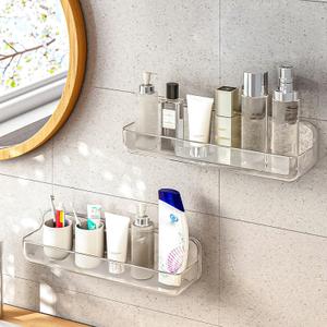 2pc Acrylic Wall Mount Organizer, Adhesive Shelf, Bathroom Shelves for Wall, Self Adhesive Organizer, Shower Caddies, No Drilling Hang Wall,with 3pack Tapes, for Bathroom, Kitchen, Living Room (2pc-long)