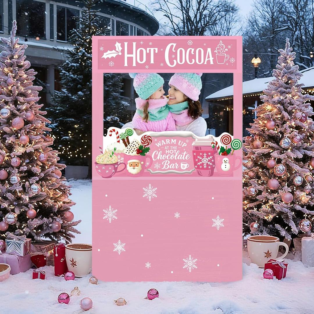 Pink Hot Chocolate Bar Decor Supplies 4 x 2.3 ft Christmas Cardboard Cutout Photo Booth Props Hot Cocoa Party Background Decor for Christmas Winter Holiday New Year Decorations