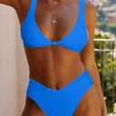 geluboao Bikini Set for Women Solid V Neck Knot Front Push Up High Leg Thong Two Piece Swimsuit (Blue, L)