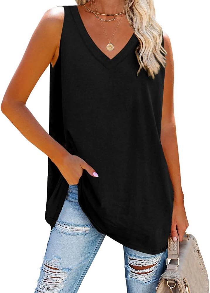 Fisoew Women V Neck Tank Tops Summer Loose Casual Basic Solid Color Sleeveless Shirts Tunic Tops (X-Large, Black)