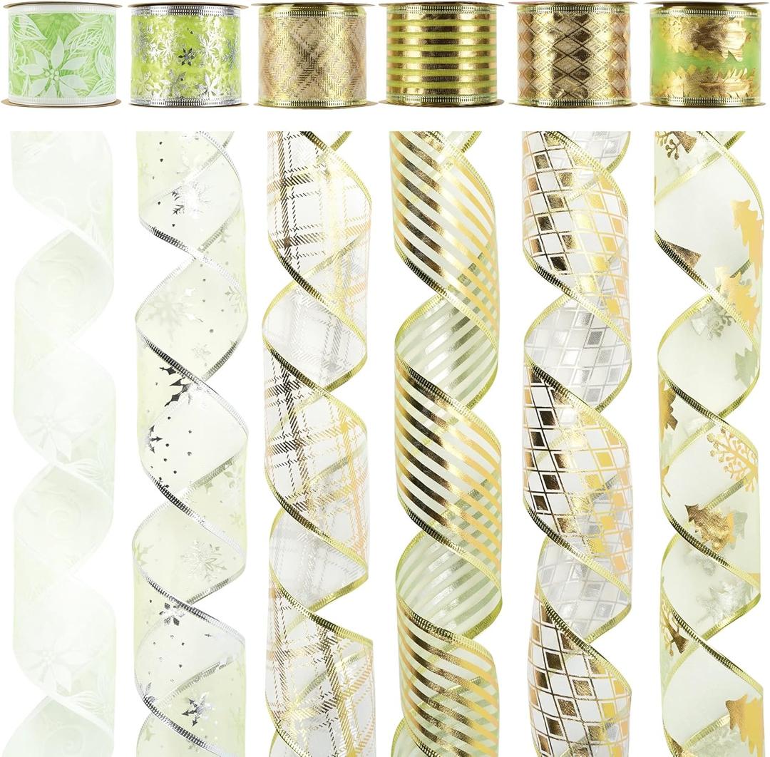 MEEDEE Green Ribbon Set - 6 Rolls, 36 Yards, Wired, Gold & Green for Christmas Tree Decorations (2.5 inch)