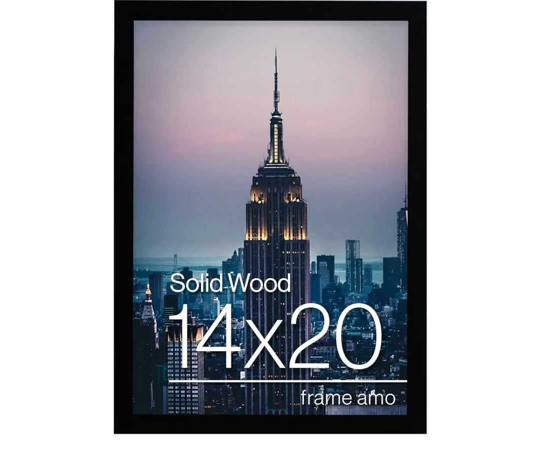 Frame Amo 14"x20" Solid Wood Picture Frame, 1" Wide Border, Smooth Finish, Acrylic Front