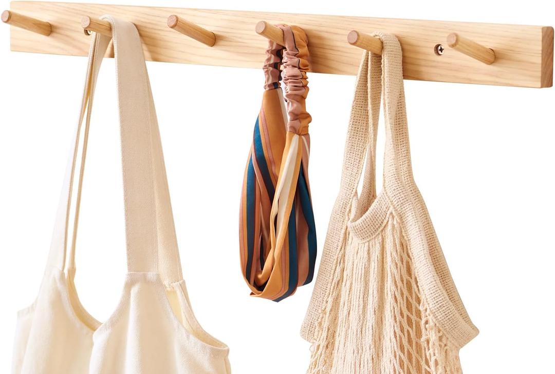 Wall Mounted Coat Rack 24 inches, Hickory Wood Wall Coat Hooks with 6 Hooks, Wooden Coat Hanger for Hanging Clothes Robes Towels Hats, Natural