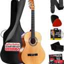 Pyle Left Handed Beginner Acoustic Guitar Kit, 3/4 Junior Size All Wood Instrument with Full Accessory Kit, Picks, Shoulder Strap, Case, Cleaning Cloth, Tuner App, 2 Month Lessons, 36 (Natural Gloss)