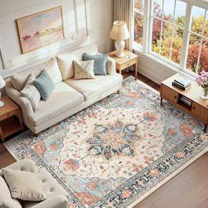 RELEANY Area Rugs' Washable Non-Slip, Floral Vintage Distress Print Pattern Medallion Carpet for Living Room Bedroom Dining Room, Beige Navy Blue Orange Colorful, 6' x 9' Rectangular
