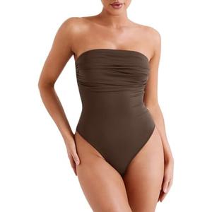 REORIA Women's Sexy Strapless Ruched Bodysuit Tube Top Sleeveless Trendy Body Suits L, Brown