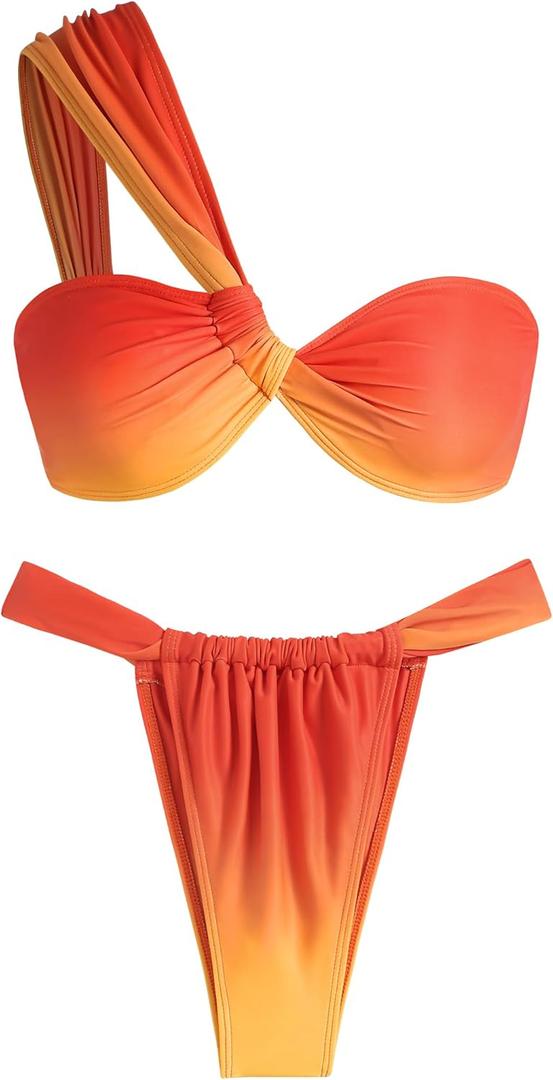 ZAFUL Women's One Shoulder Bikini Twisted Ruched High Cut Bandeau Bikini Set Two Piece Swimsuit (4-orange Gradient, S)