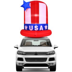 Gejoy 4ft 4th of July Inflatables Hat Parade Golf Cart Decoration with Light Patriotic Independence Day Star Spangled Top Hat Blow up Car Roof Decor Outdoor Indoor Home Celebration Garden Yard Lwan