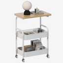 Rolling Cart with Wooden Tabletop 3-Tier Metal Utility Rolling Cart Storage Organizer with Lockable Wheels for Kitchen, Office, Bedroom