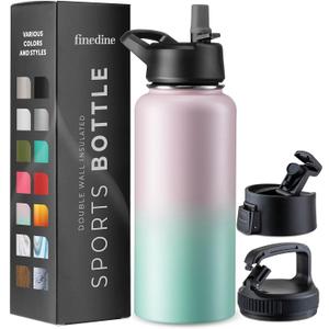 FineDine Water Bottle - Stainless Steel Insulated Water Bottle with Straw Lid, Flip Lid & Wide-Mouth Cap - Keeps Hot and Cold - 32 Oz / 946ml - Dreamy Pink-Green