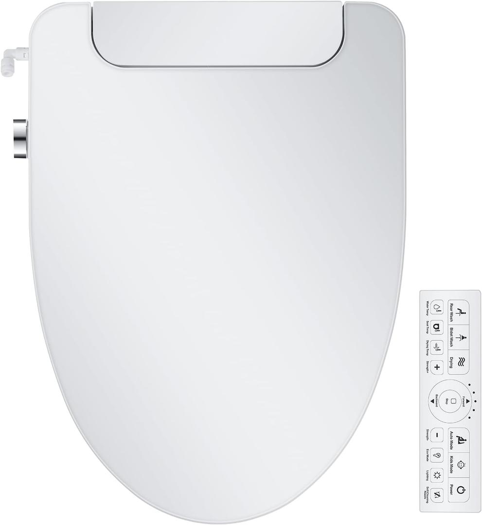 Electric Bidet Toilet Seat, Elongated, Warm Water with Air Dryer, Heated Seat and Slow Close Lid, Front and Rear Wash, Adjustable Water Temperature, LED Nightlight, Wireless Remote, White, 101