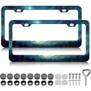 Starry Sky Forest Mountain License Plate Frames - 2 Pack Green Mountains Tree License Plate Frame Holder Covers, Aluminum Metal Rust-Proof Waterproof Car Tag Frame for Standard US Canada 12x6 Inch