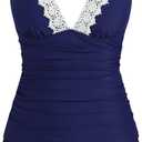 ZAFUL Women's Tankini Sets 2 Piece Swimsuit Deep V Neck Lace Panel Trim Vest Swimwear Tummy Control Bikini, Medium 