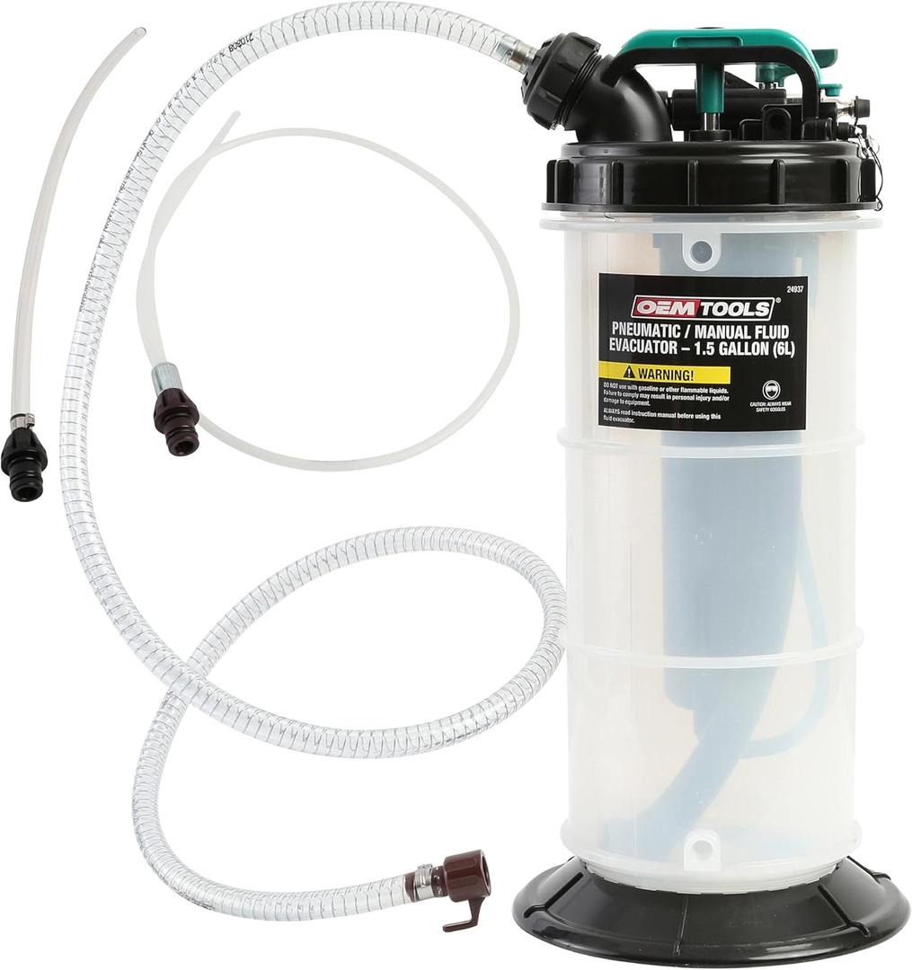OEMTOOLS 24937 Pneumatic/Manual Fluid Extractor, 1.5 Gallon (6L) Oil Extractor Pump, For Coolant, Transmission, and Power Steering Fluid, 2 Dipstick Adapters, 5ft Hose