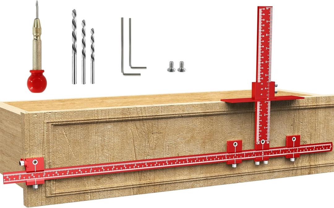 Extended Cabinet Hardware Jig Kit, 32-inch & 16-inch Detachable MAX Cabinet Handle Jig with Auto Center Punch, Aluminum Alloy Cabinet Handle Template Drill Guide, Drawer Pull Jig for Handle Knob Pull (Large, Red)
