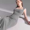 PUMIEY Women's Square Neck Cap Sleeve Maxi Dress Ribbed Bodycon Dress Summer Dresses for Women (Gray, L)