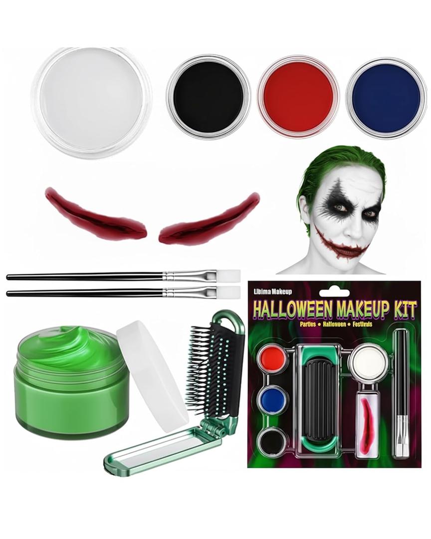 Libima Halloween Jokers Makeup Kit, Complete Jokers/clown Makeup Accessories Face Paint Mouth Scar Sticker Green Disposable Hair Cream Folding Comb Brush for Halloween Cosplay Carnival Party