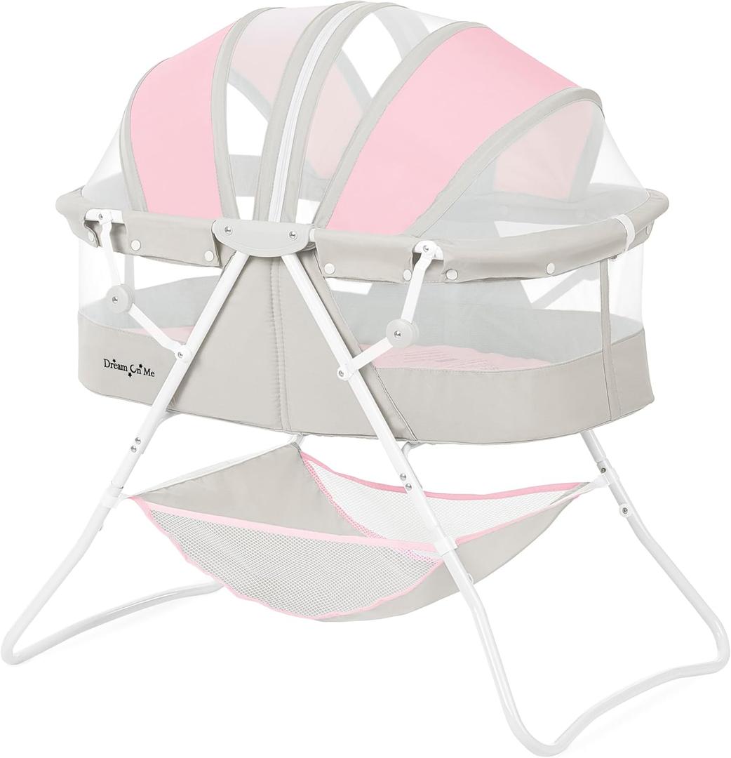 Dream On Me Karley Baby Bassinet in Grey and Pink, Lightweight Portable, Quick Fold and Easy to Carry , Adjustable Double Canopy, Indoor and Outdoor with Large Storage Basket.