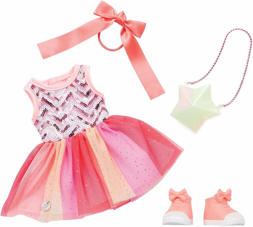 Glitter Girls – 14-Inch Doll Clothes – Sequined Party Dress – Pink High – Tops & Star Purse – Elastic Hair Bow – 3+ Years– Starlight Delight