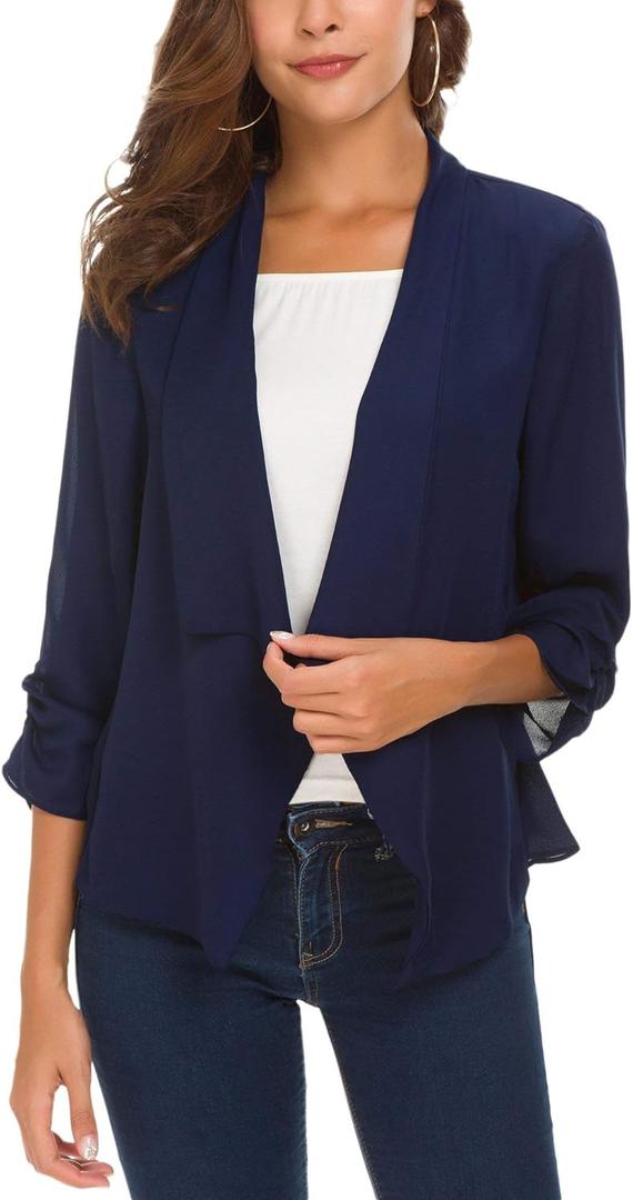 Urban CoCo Women's Ruched Sleeve Lightweight Thin Chiffon Blazer (X-Large, Navy Blue)