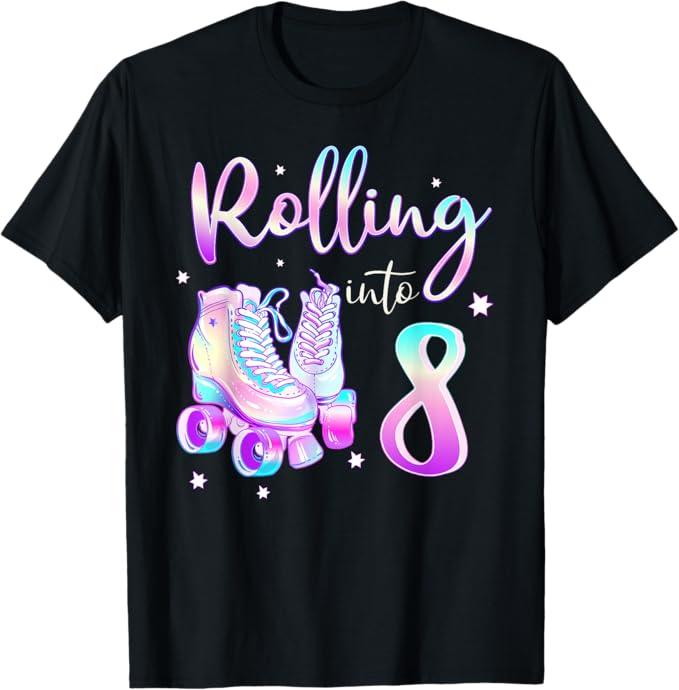 Kids 7-8 Years Old Birthday Girls Rolling Into 8th Bday Theme T-Shirt, S, Black